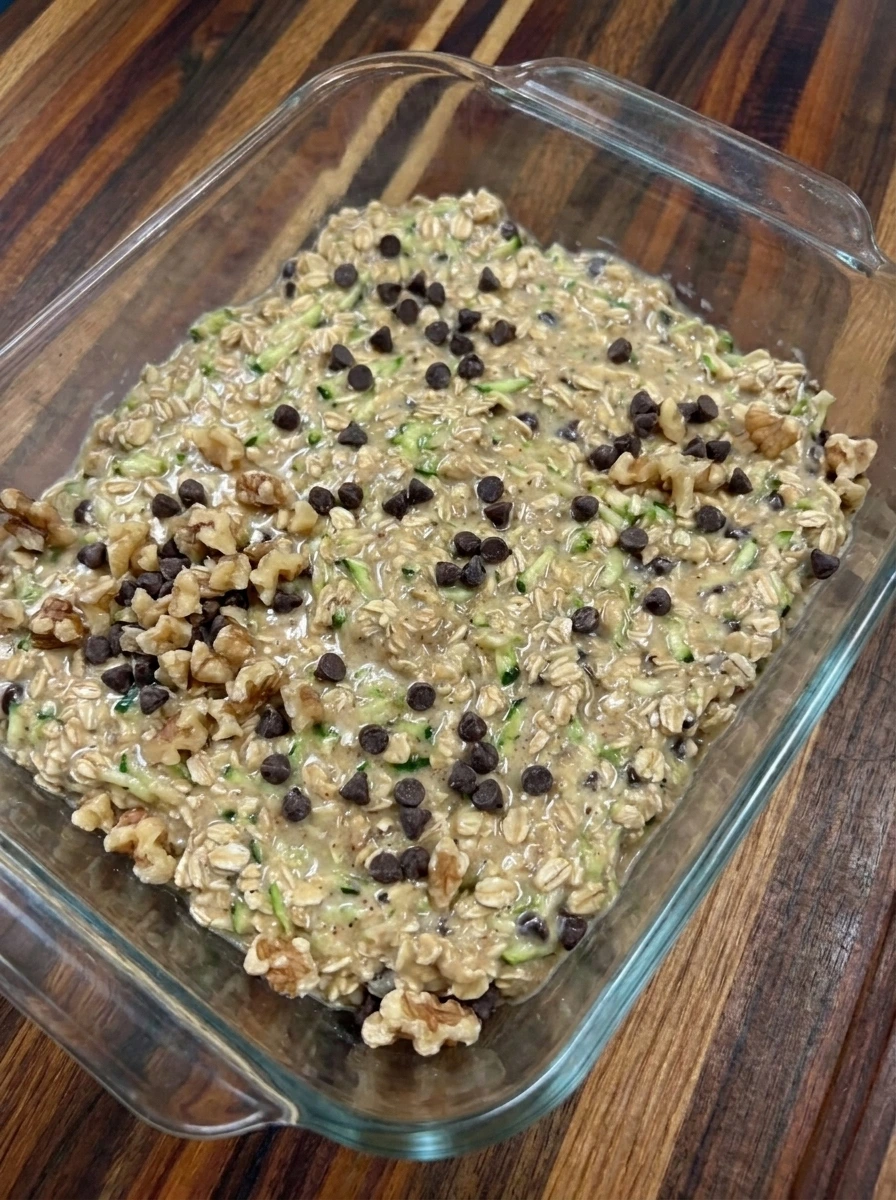 Unbaked Zucchini Oatmeal Bake spread in a ceramic dish