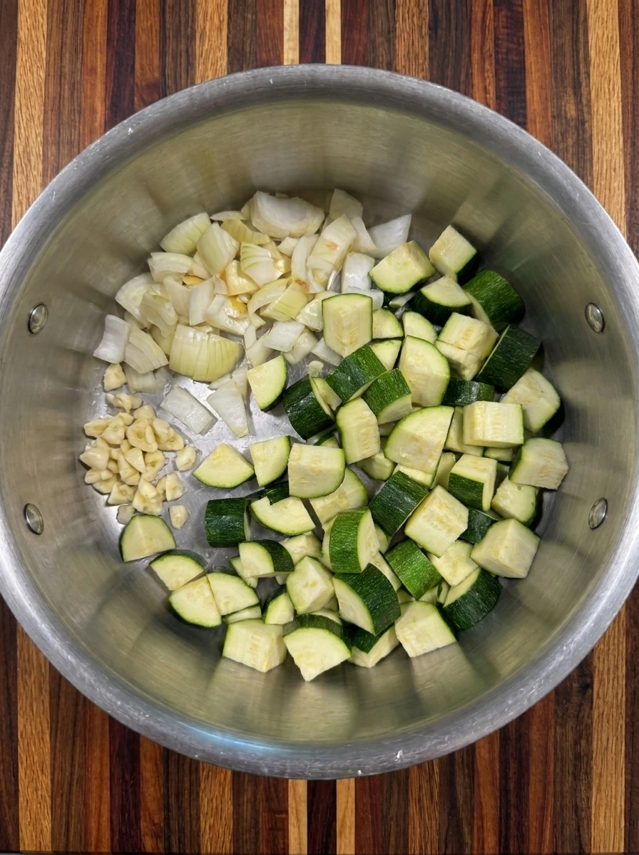 Chopped zucchini onion and garlic for Zucchini Soup with Parmesan