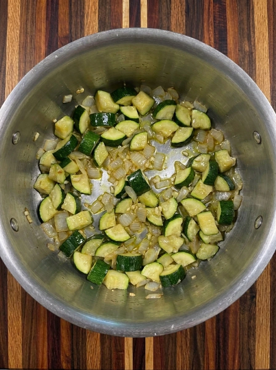 Softened zucchini onion and garlic cooking for Zucchini Soup with Parmesan