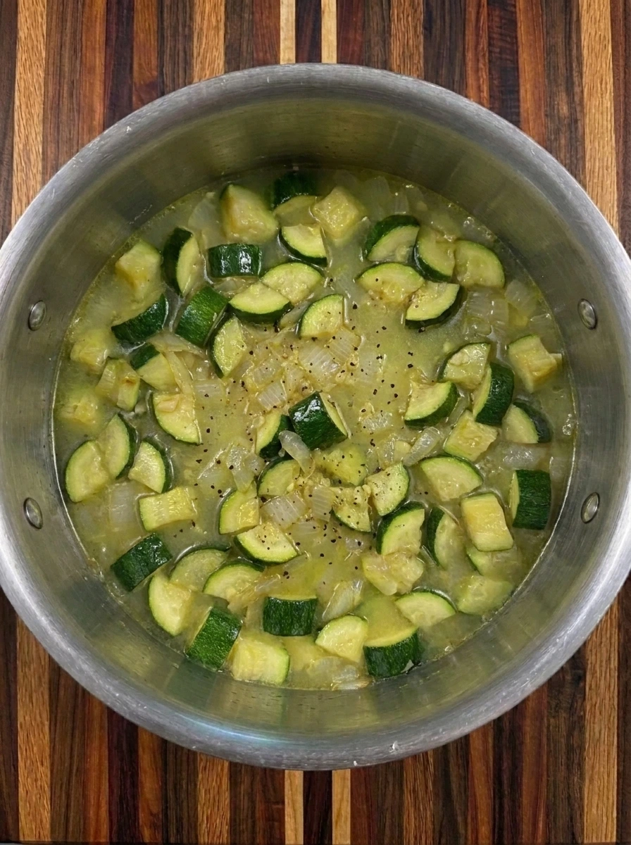 Zucchini simmering in broth for Zucchini Soup with Parmesan