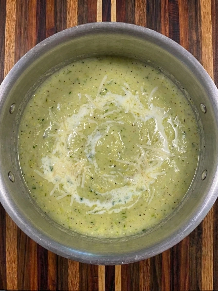 Creamy blended Zucchini Soup with Parmesan in the pot