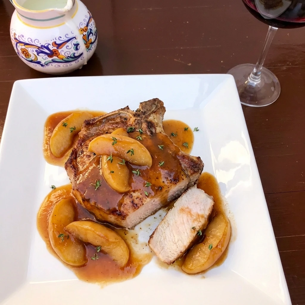 Single Apple Butter Pork Chop sliced to show the juicy interior with apples and sauce