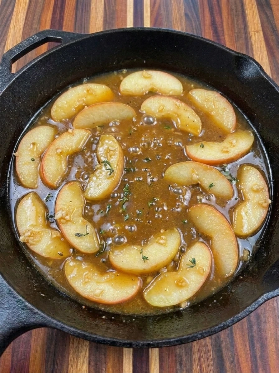 Glossy apple butter sauce bubbling around tender sliced apples