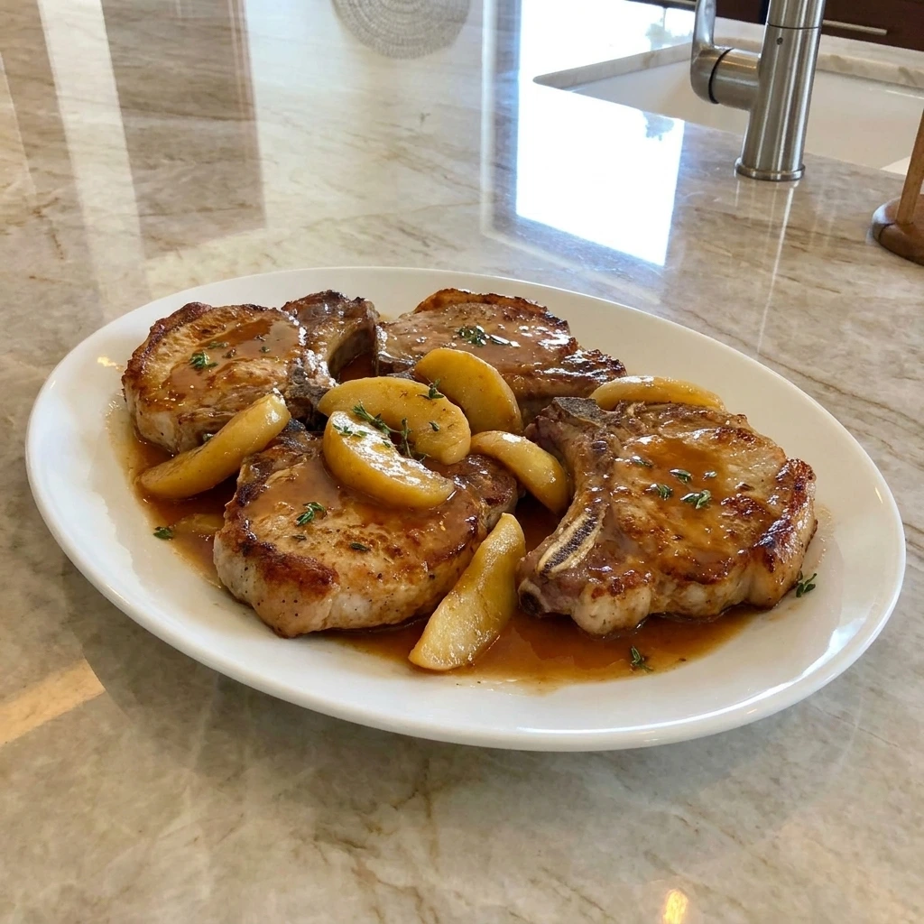 Apple Butter Pork Chops with browned edges and tender apple slices in a glossy skillet sauce