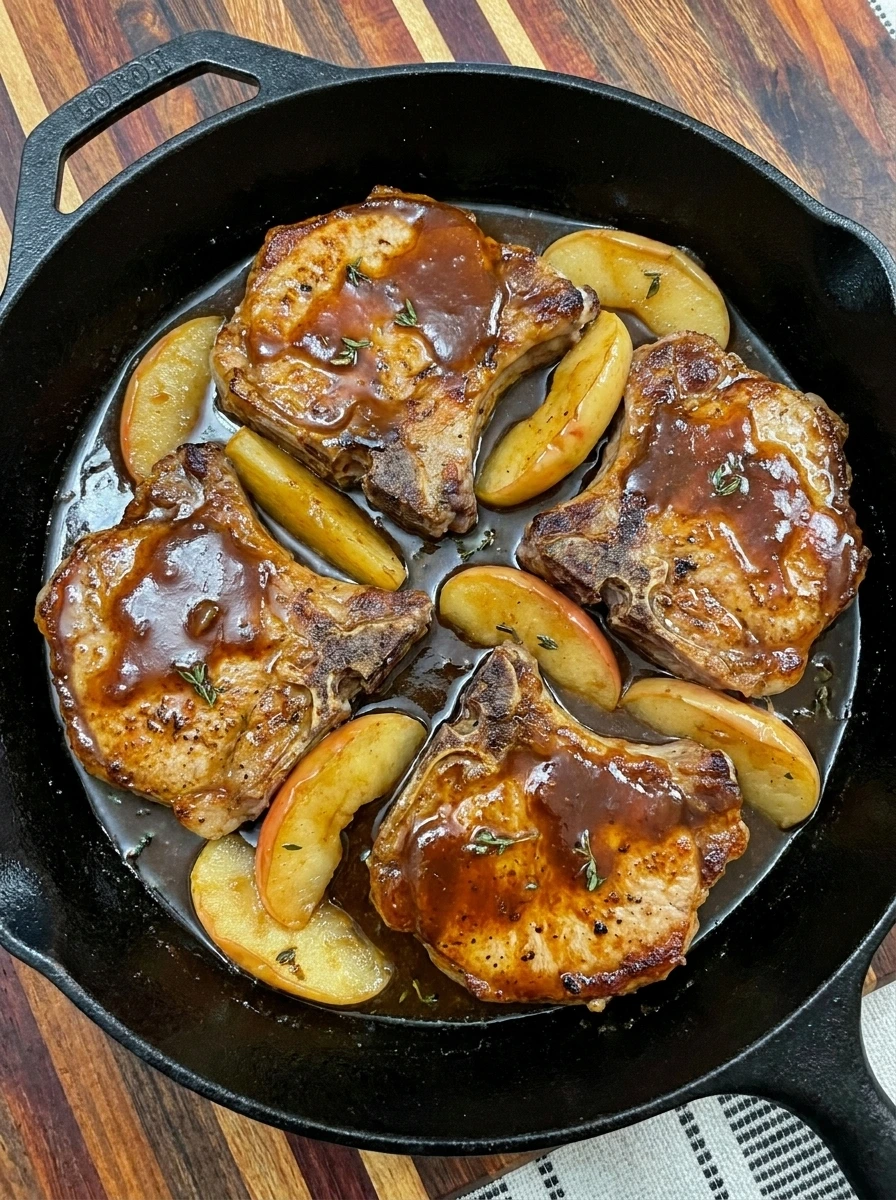Four Apple Butter Pork Chops simmering in thick sauce with sliced apples