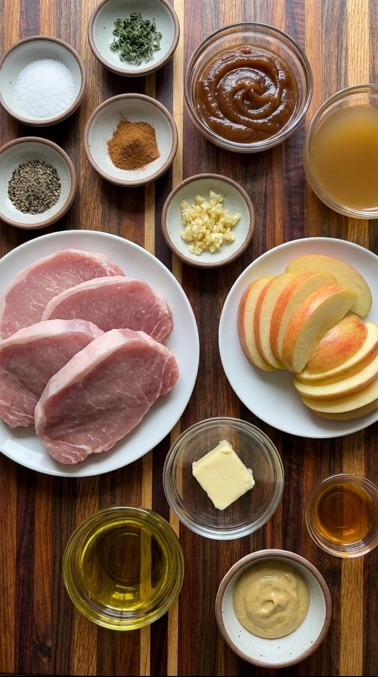Ingredients for Apple Butter Pork Chops arranged in separate small containers
