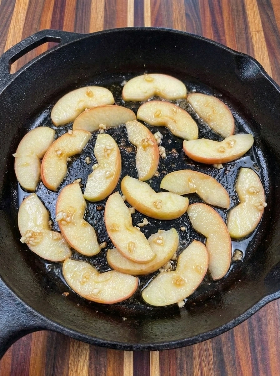 Sliced Honeycrisp apple softened with garlic in a cast iron skillet