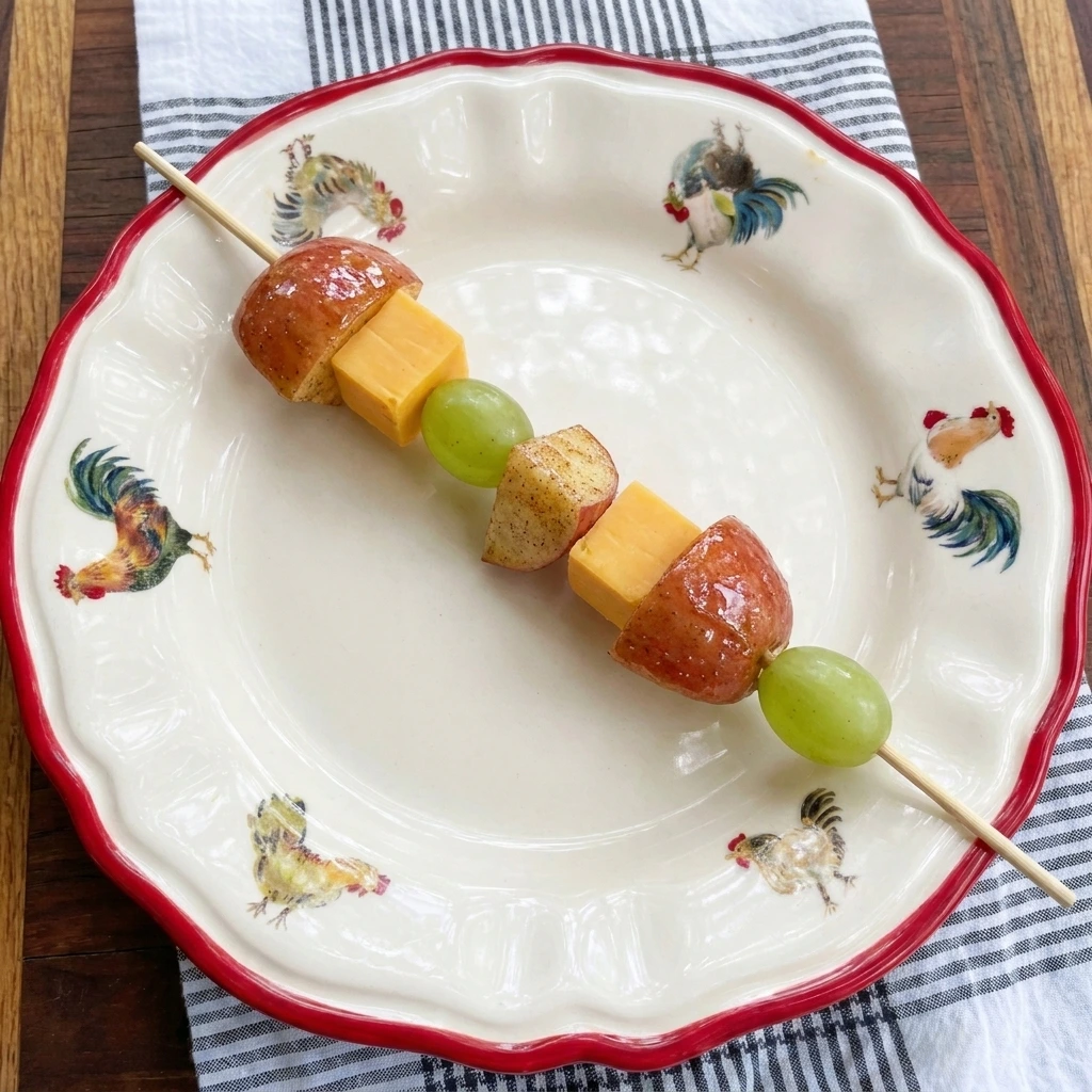 Single Apple Cheddar Snack Skewer served on a white plate