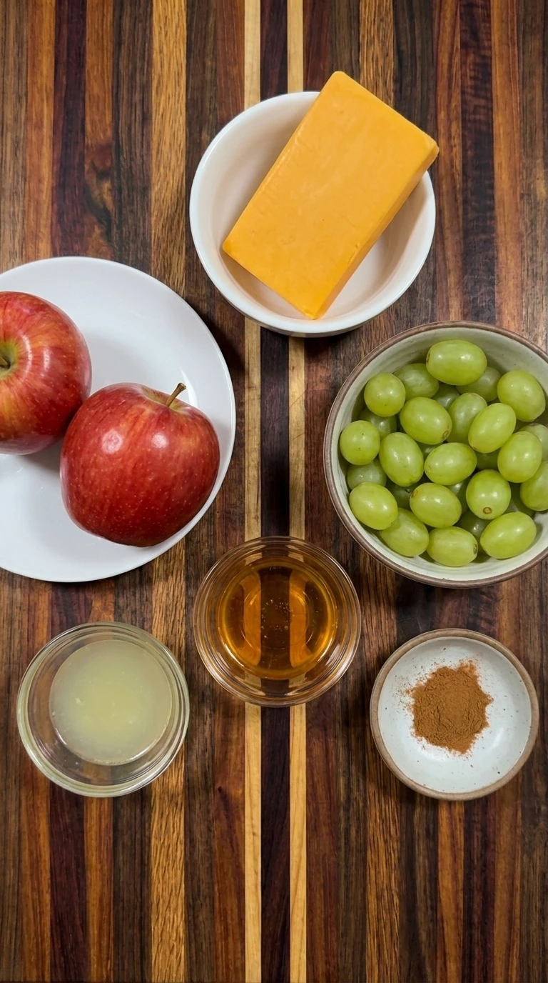 Ingredients for Apple Cheddar Snack Skewers in separate bowls