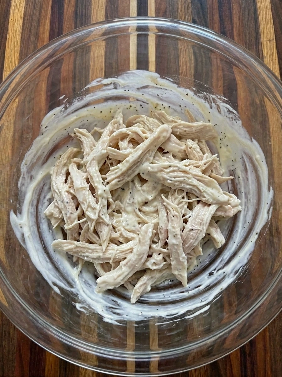 Shredded chicken folded into creamy dressing for Apple Chicken Salad
