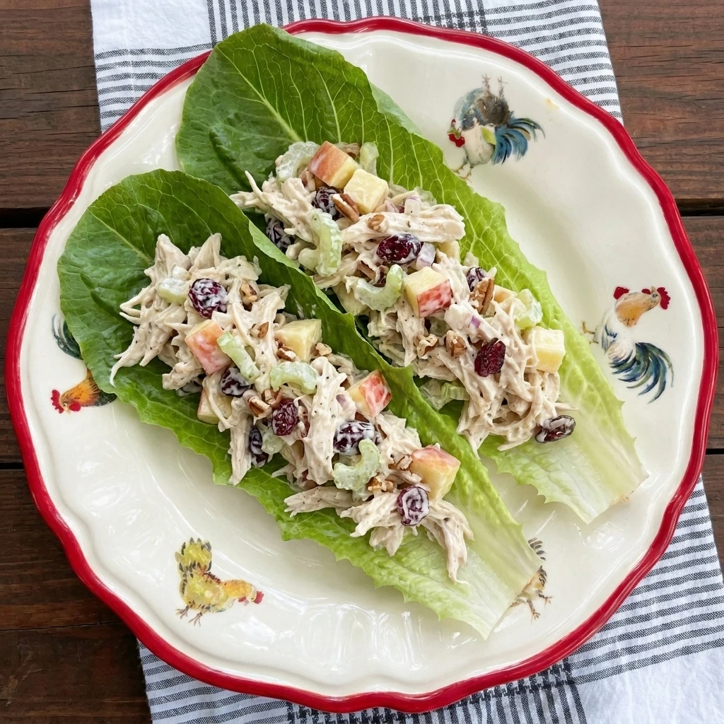 Single portion of Apple Chicken Salad served in romaine lettuce cups