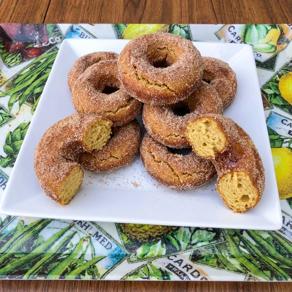Apple Cider Donuts coated in cinnamon sugar on a white plate