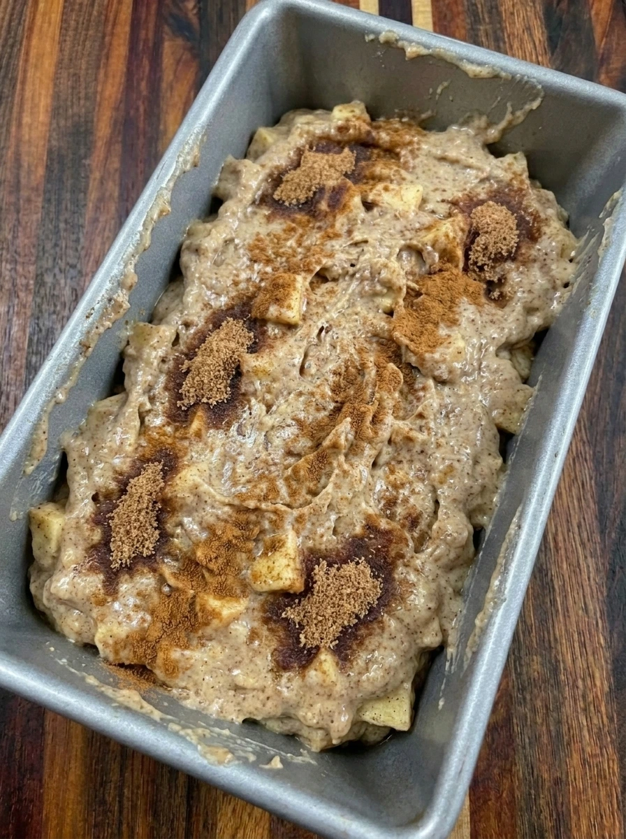 Apple Cinnamon Bread batter layered in loaf pan