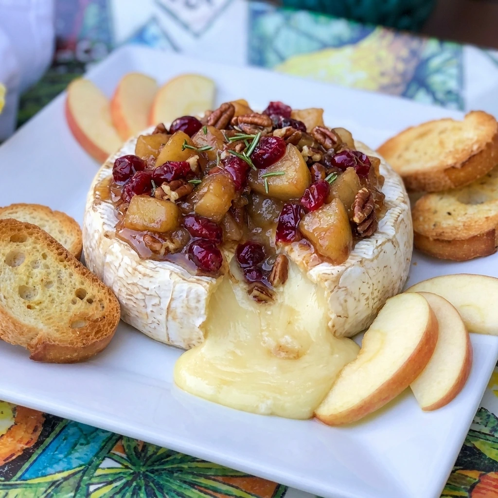 Apple Cranberry Baked Brie with maple fruit topping and pecans