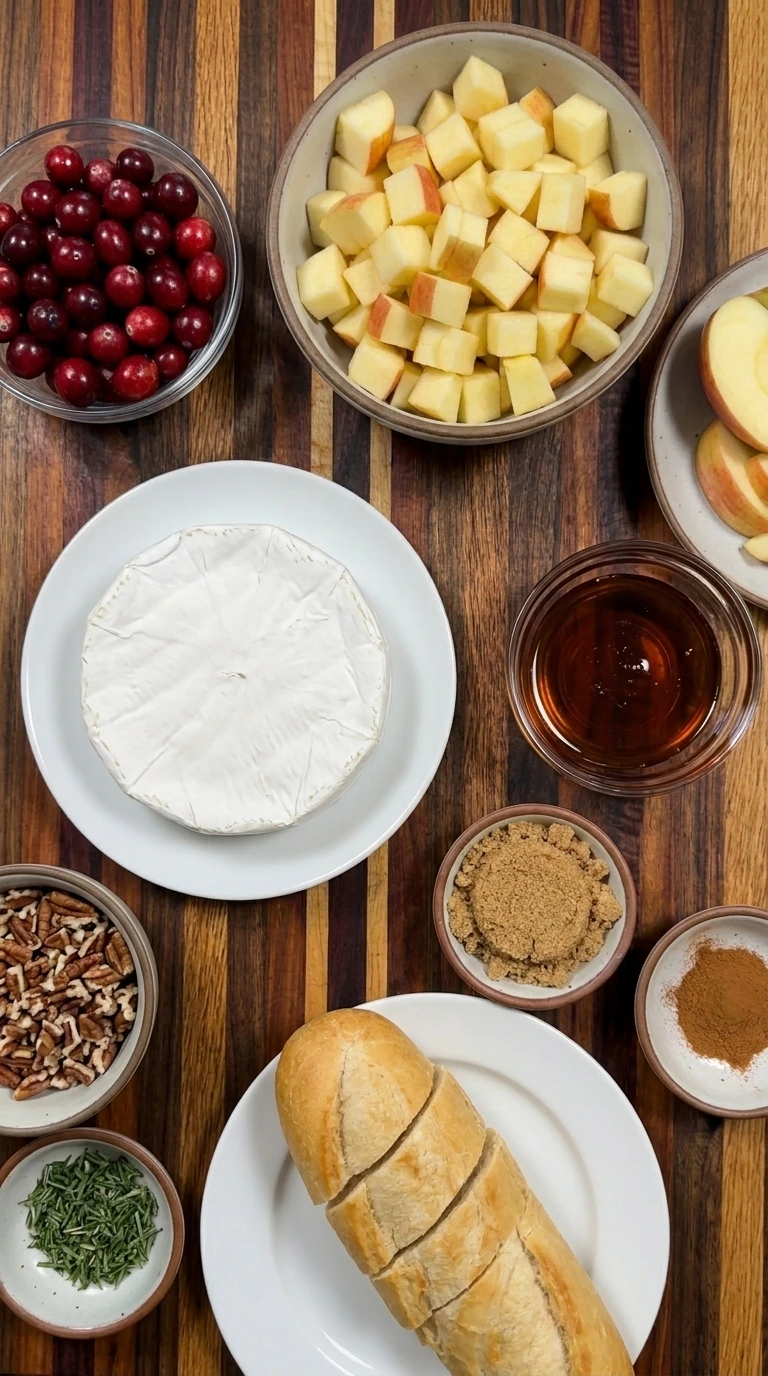 Ingredients for Apple Cranberry Baked Brie in separate bowls and plates