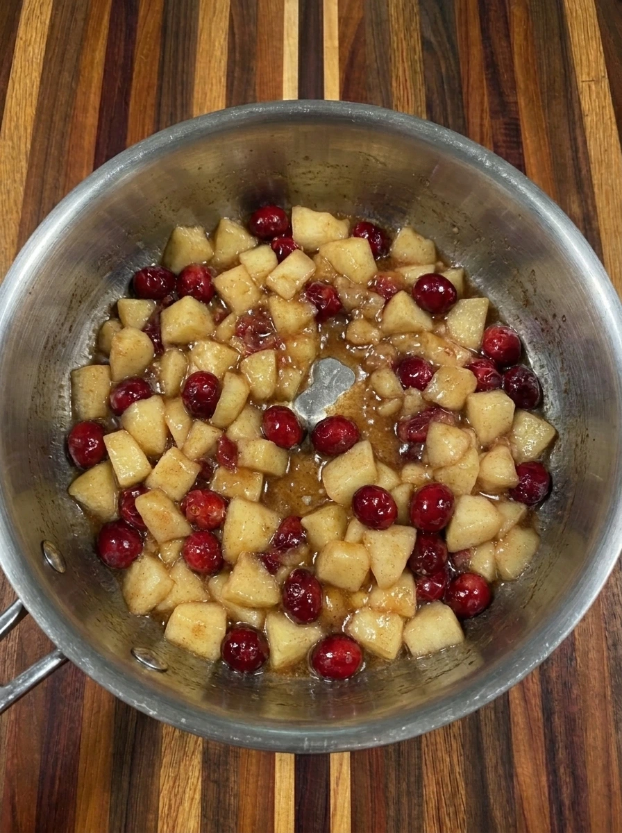 Apple and cranberries cooking into a glossy topping