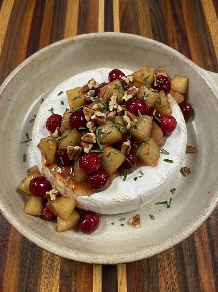 Brie topped with apple cranberry mixture and pecans before baking