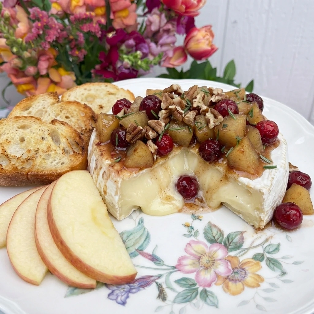 Single serving of Apple Cranberry Baked Brie with bread and apple slices