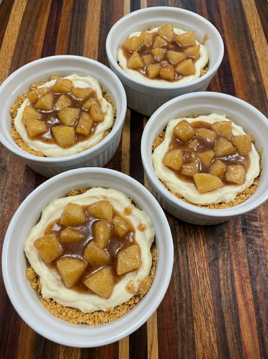 Apple Crisp Cheesecake Cups layered in ramekins before baking