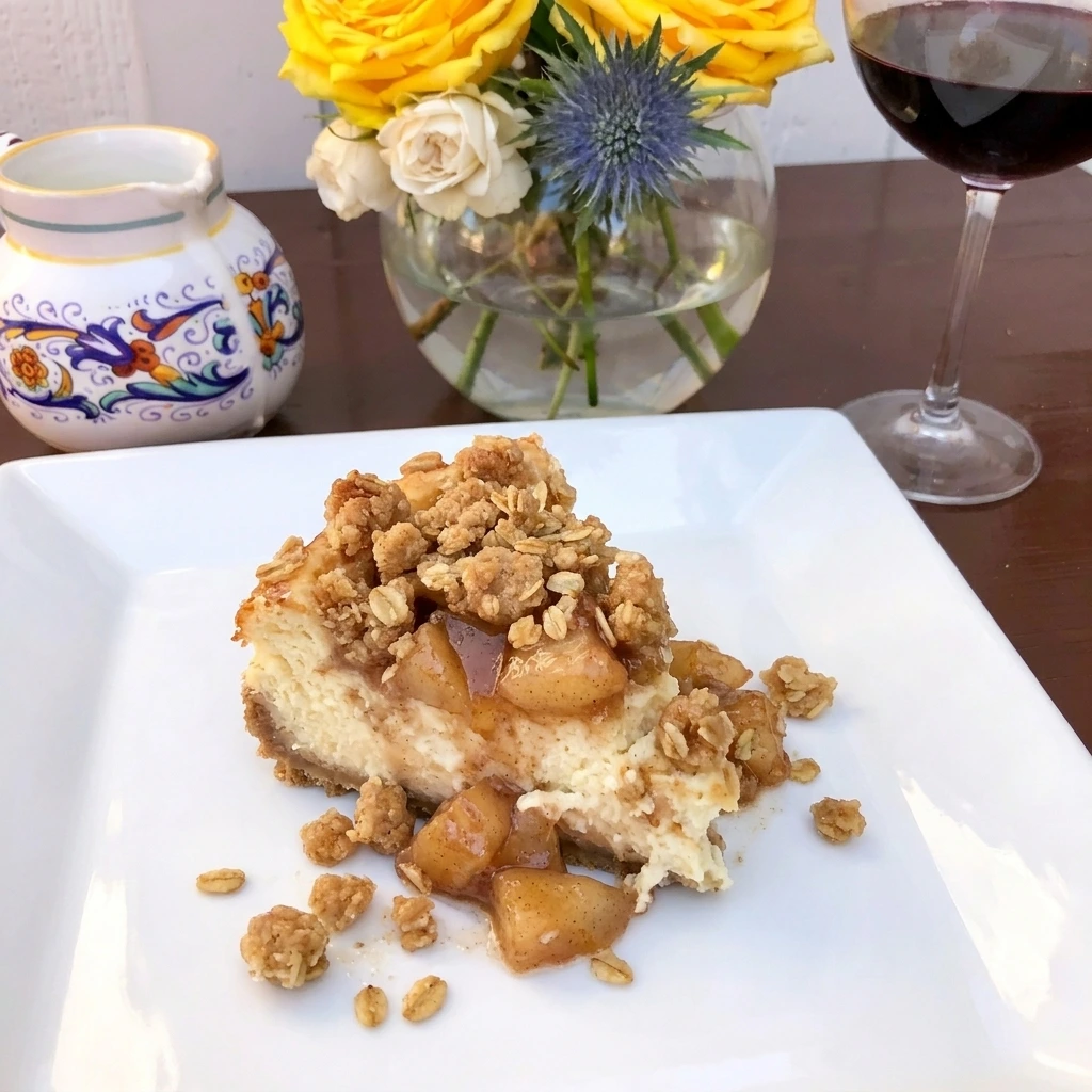 Single serving of Apple Crisp Cheesecake Cups showing creamy layers