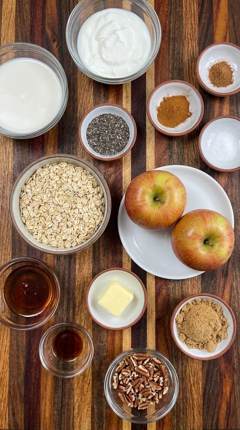 Ingredients for Apple Pie Overnight Oats arranged in separate small containers