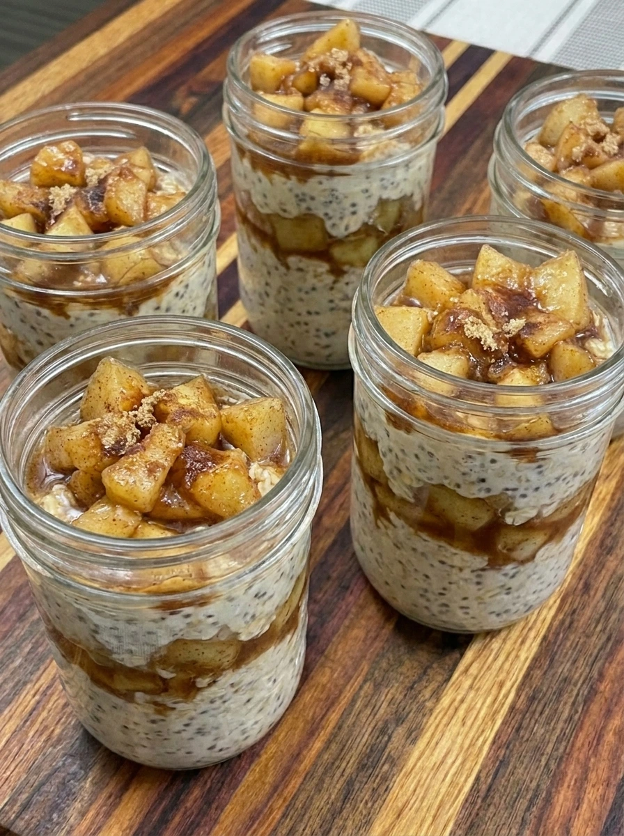 Four jars layered with creamy oats and cinnamon apples