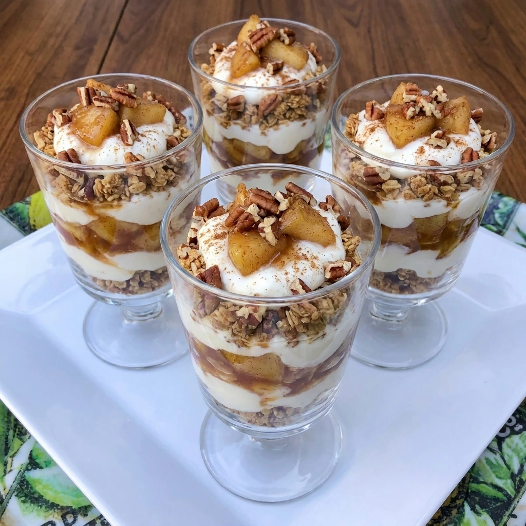 Four homemade Apple Pie Yogurt Parfaits layered with cinnamon apples and Greek yogurt and granola
