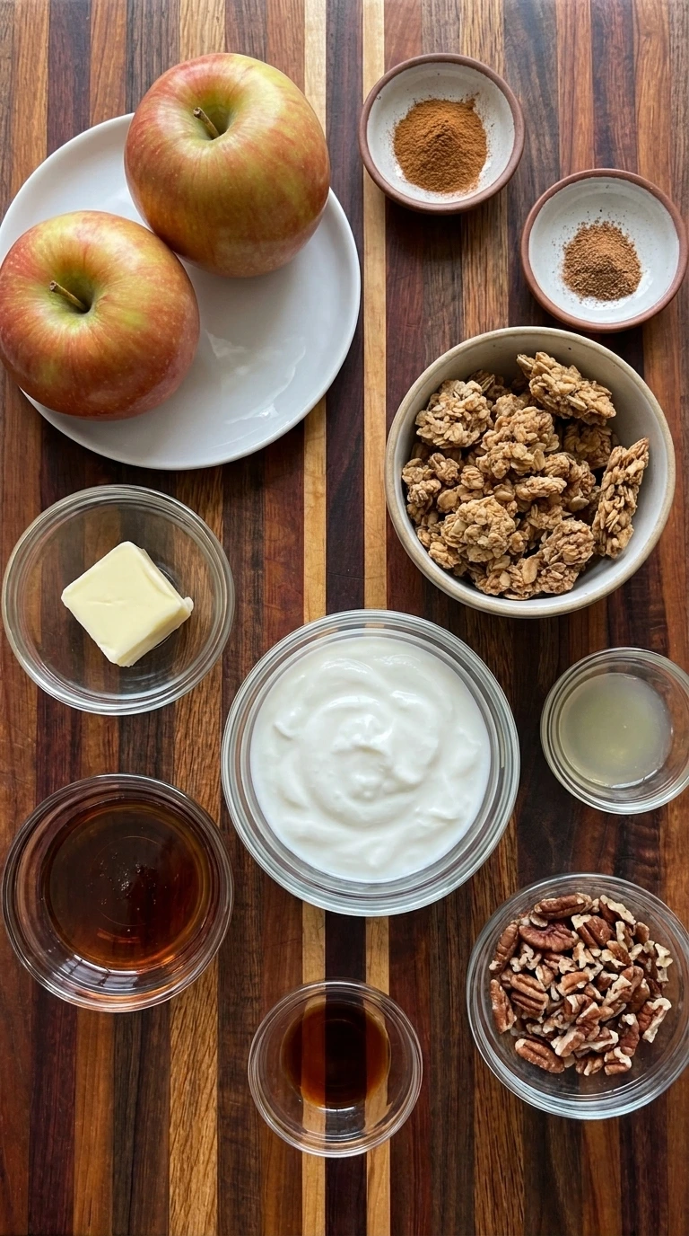 Ingredients for Apple Pie Yogurt Parfaits arranged in separate small containers