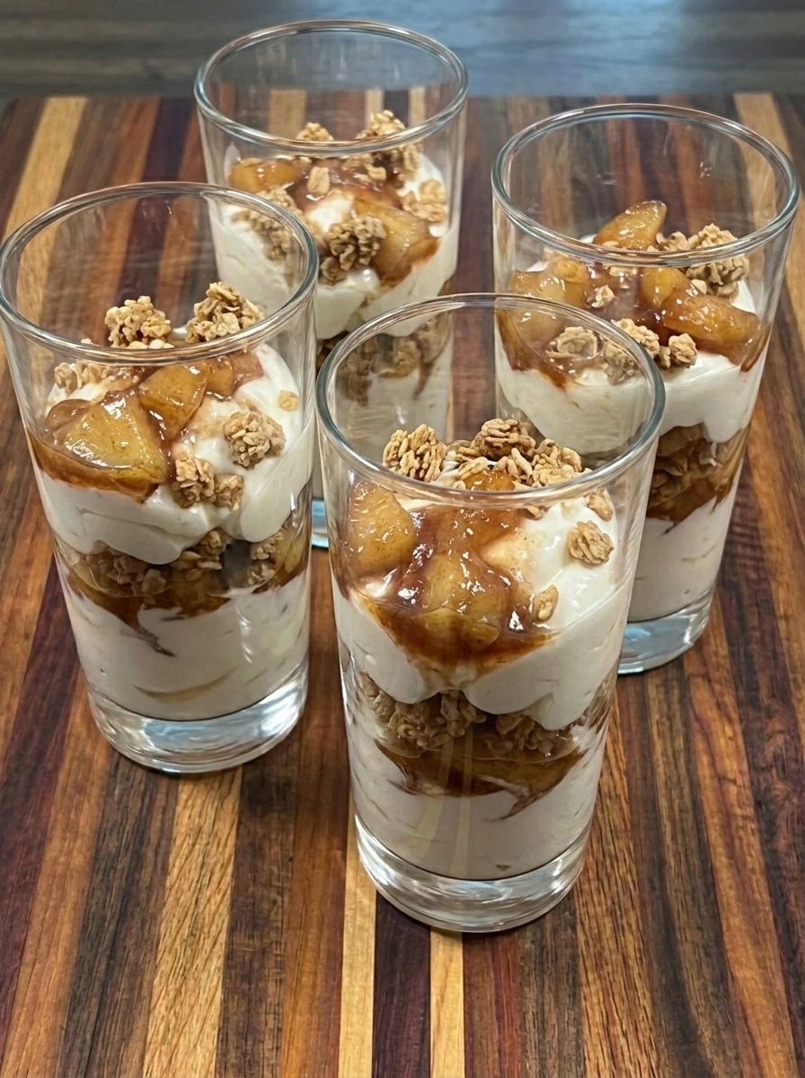 Four Apple Pie Yogurt Parfaits layered with yogurt and cinnamon apples and granola