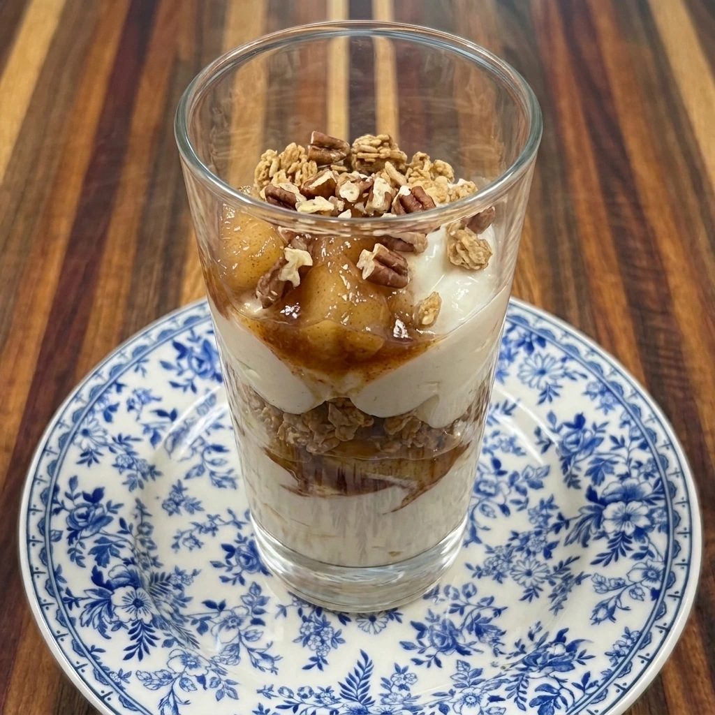 Single served Apple Pie Yogurt Parfait topped with pecans