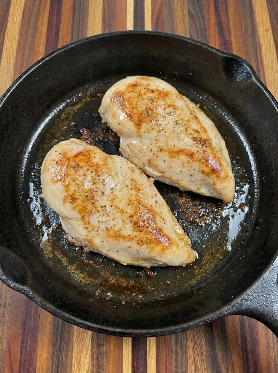 Two cooked chicken breasts with uneven golden brown seared surfaces
