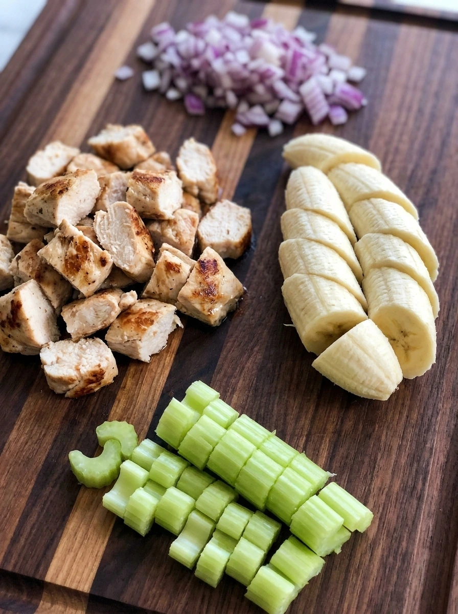 Chopped chicken banana celery and red onion in separate loose piles