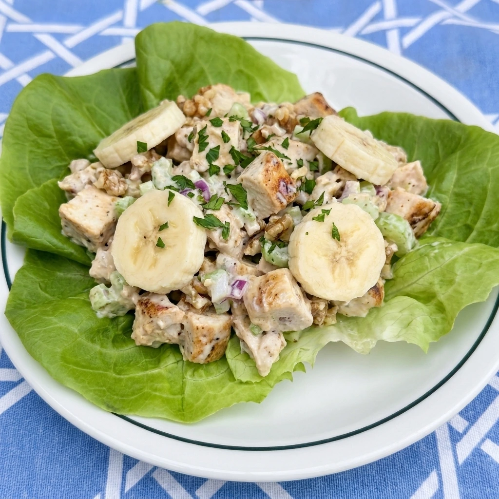 Single portion of Banana Chicken Salad served in butter lettuce leaves