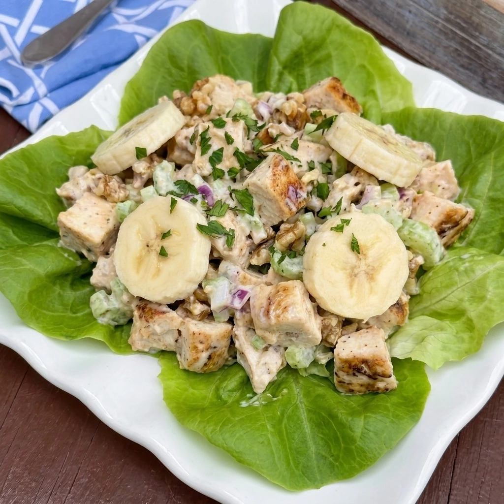 Homemade Banana Chicken Salad with browned chicken and banana in creamy dressing