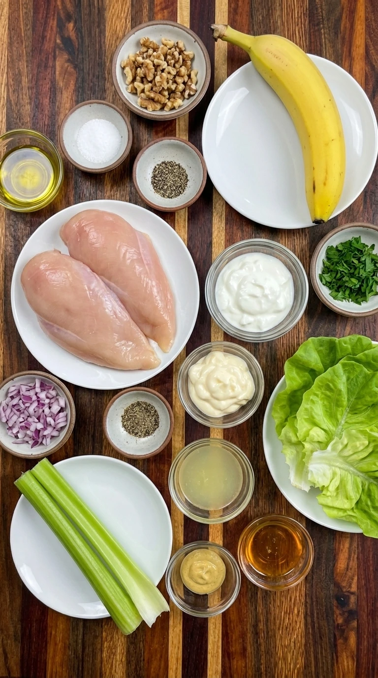 Ingredients for Banana Chicken Salad arranged in separate small containers