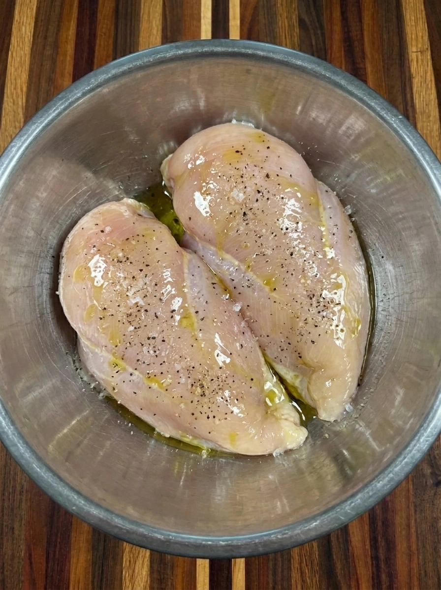 Two raw chicken breasts coated with oil and seasoning