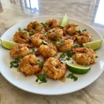 Golden Banana Coconut Shrimp with glossy banana glaze and lime wedges