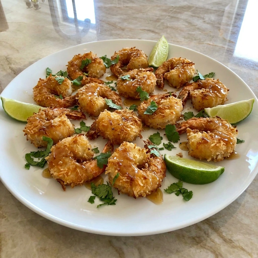 Golden Banana Coconut Shrimp with glossy banana glaze and lime wedges