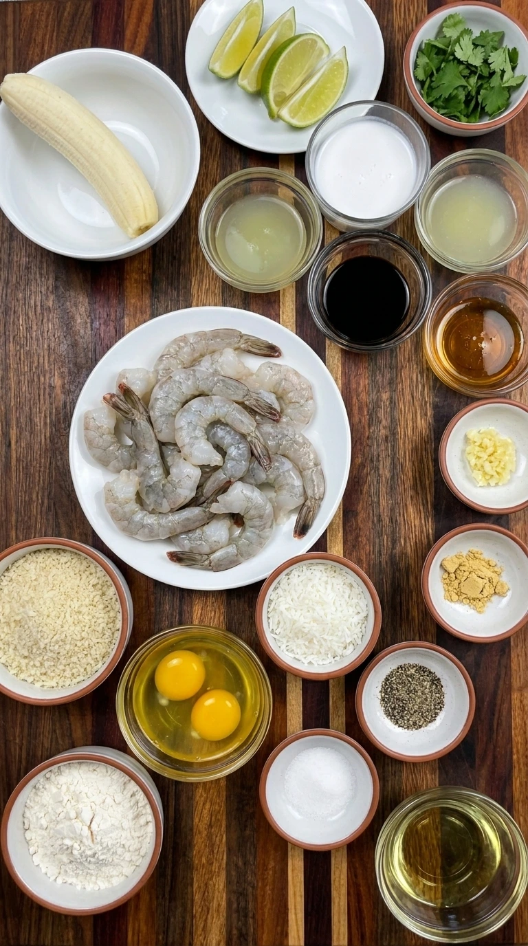 Raw ingredients for Banana Coconut Shrimp in separate small containers