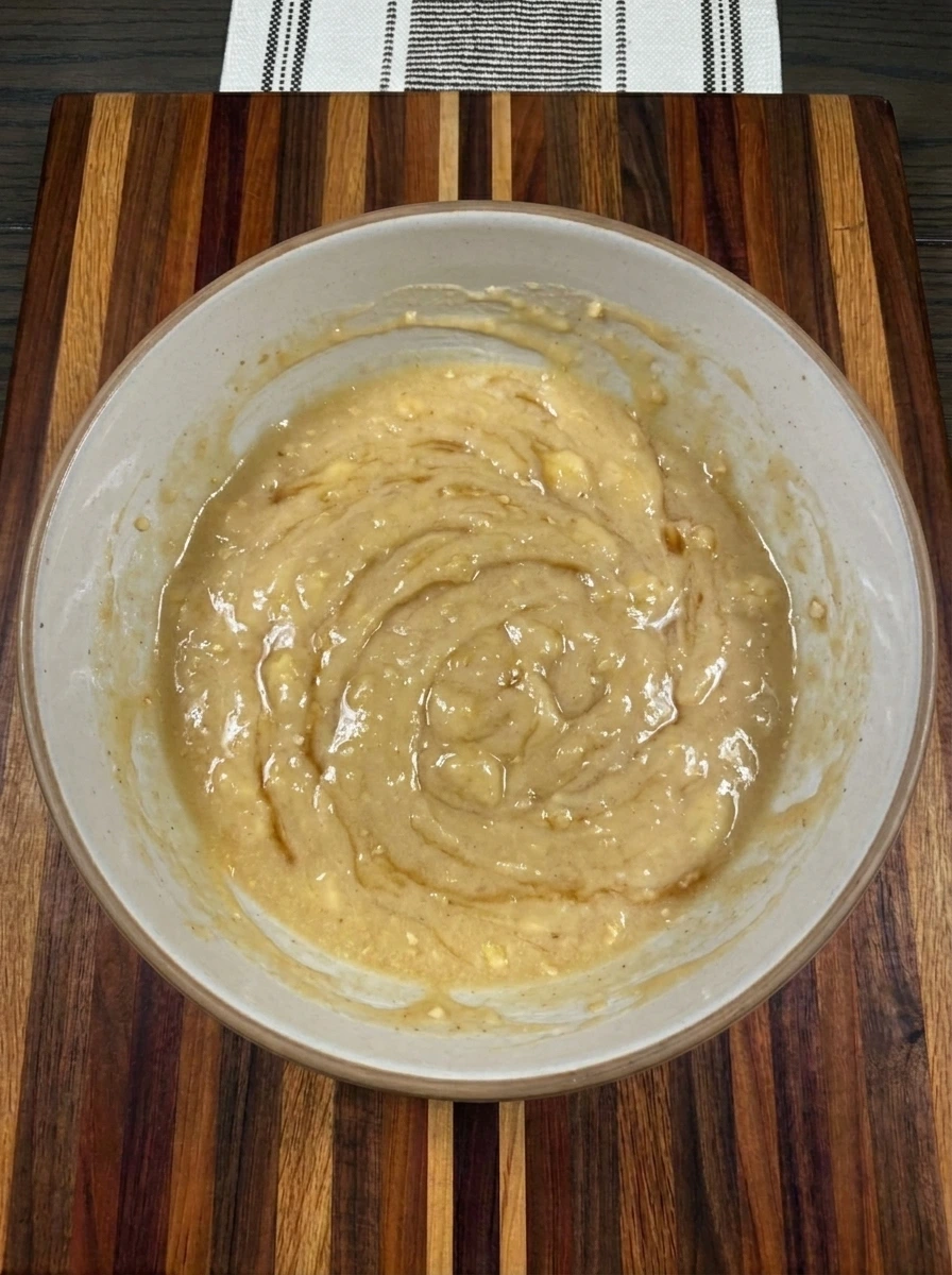 Mashed banana coconut glaze mixed until pale gold and creamy