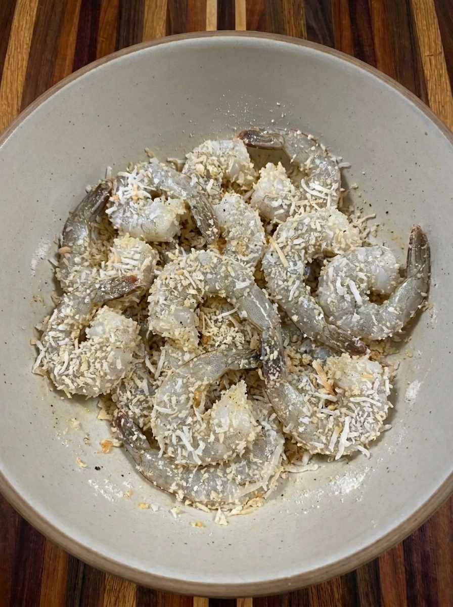 Sixteen raw shrimp coated unevenly with coconut and panko crumbs