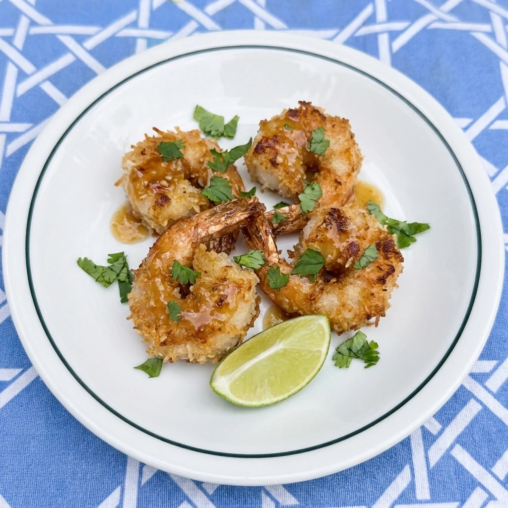 Single serving of four Banana Coconut Shrimp with lime and cilantro