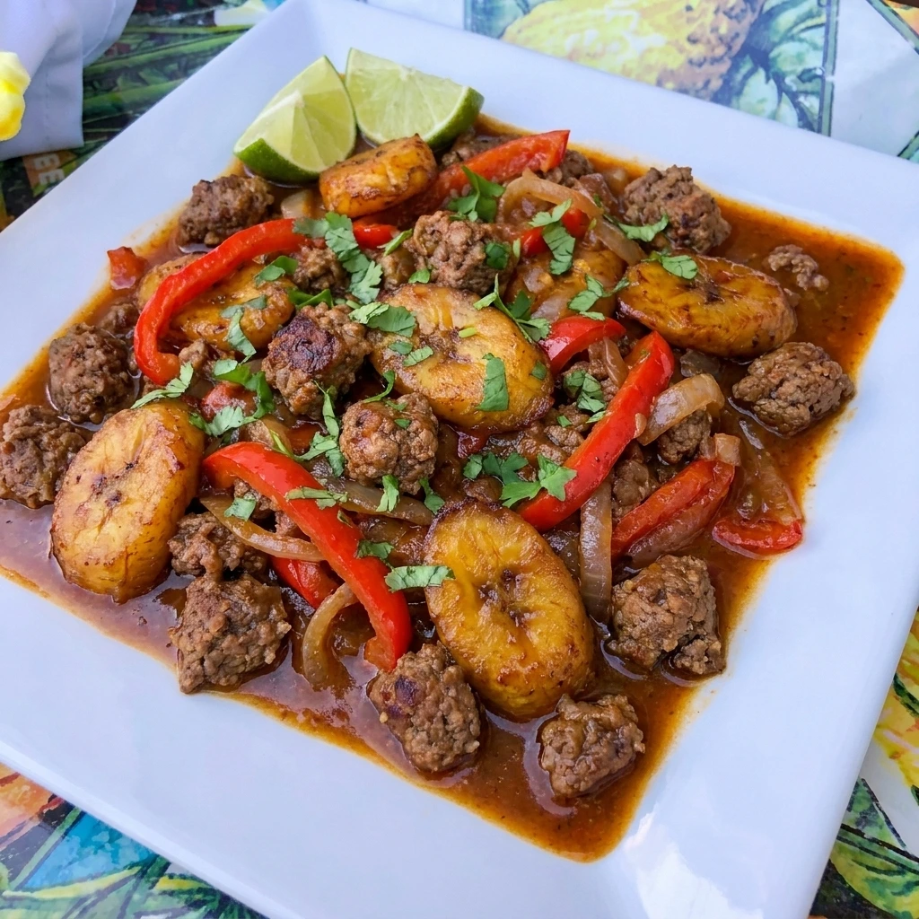Banana Plantain Beef Skillet with browned beef and caramelized plantains