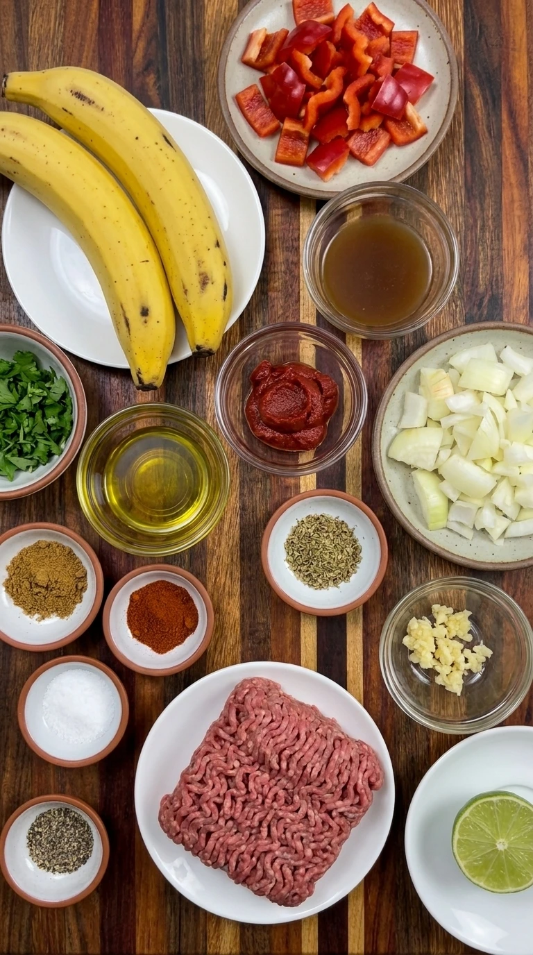 Ingredients for Banana Plantain Beef Skillet in separate containers
