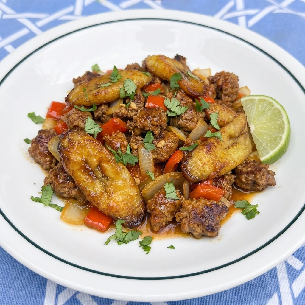 Single serving of Banana Plantain Beef Skillet