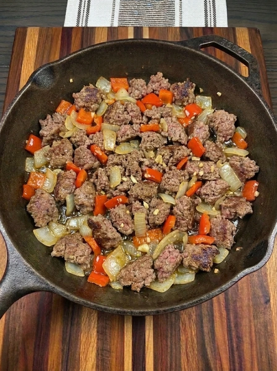Bell pepper and onion softening with browned beef