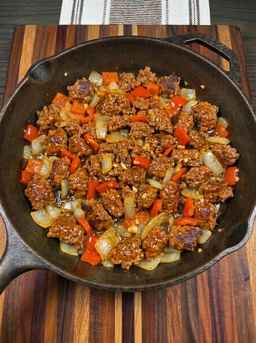 Seasoned beef mixture coated in thick tomato sauce