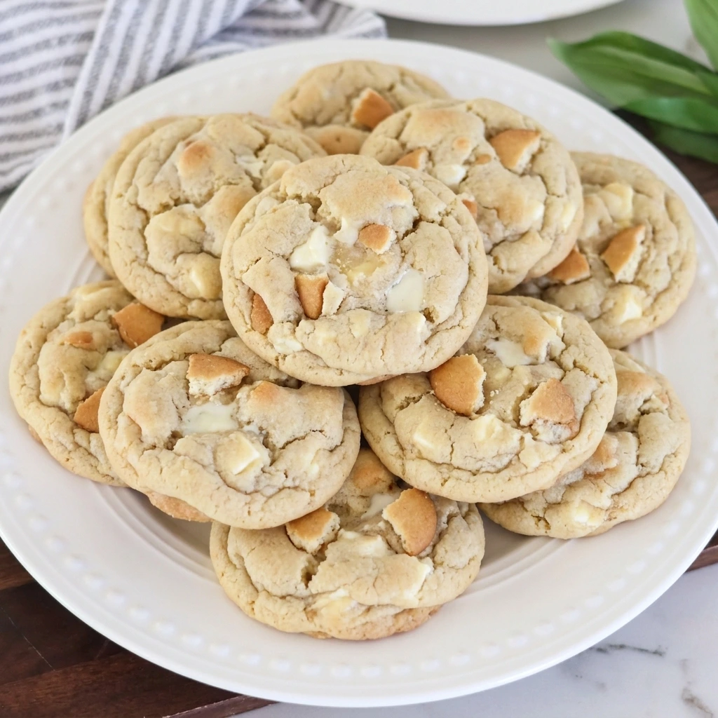 Soft Banana Pudding Cookies with vanilla wafers and white chocolate