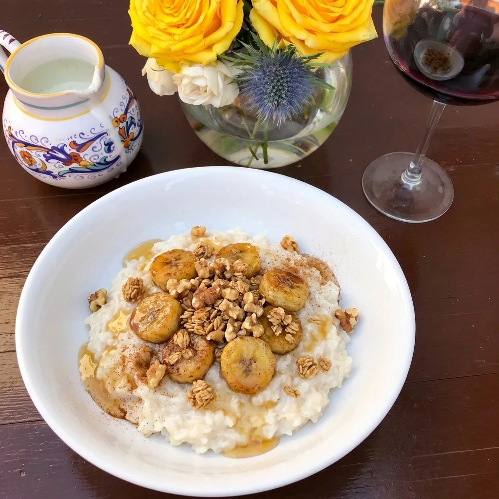 Finished Banana Rice Bowl with granola and honey