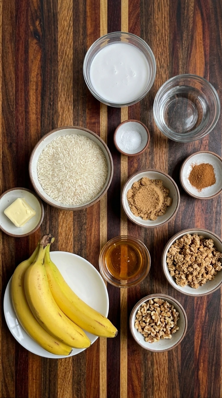 Ingredients for Banana Rice Bowl arranged in separate containers